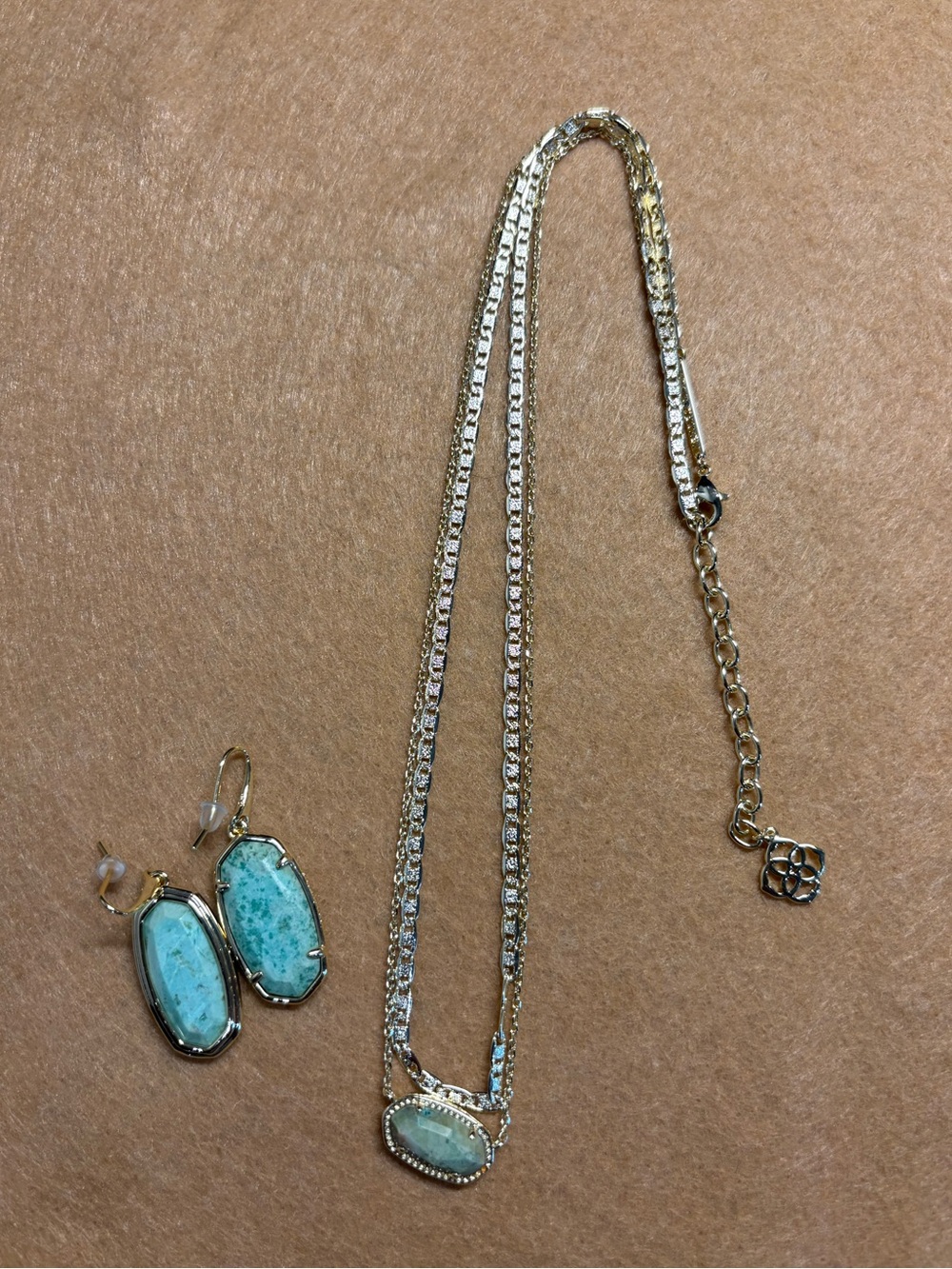 Kendra Scott Gold Plated Necklace and Earrings with Chrysocolla stones